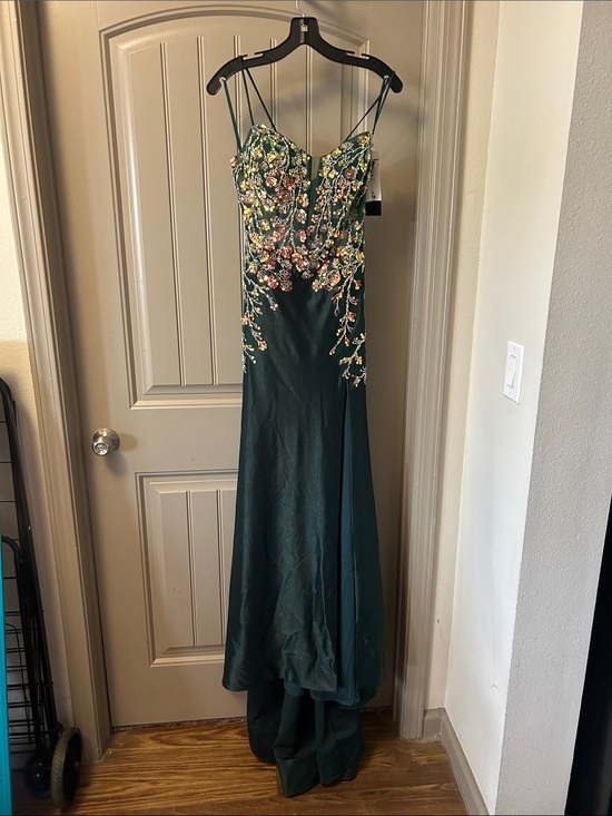 Jovani Dresses & Skirts - Jovani Emerald Green Spaghetti Strap Gown with Pink and Gold Floral Appliqué